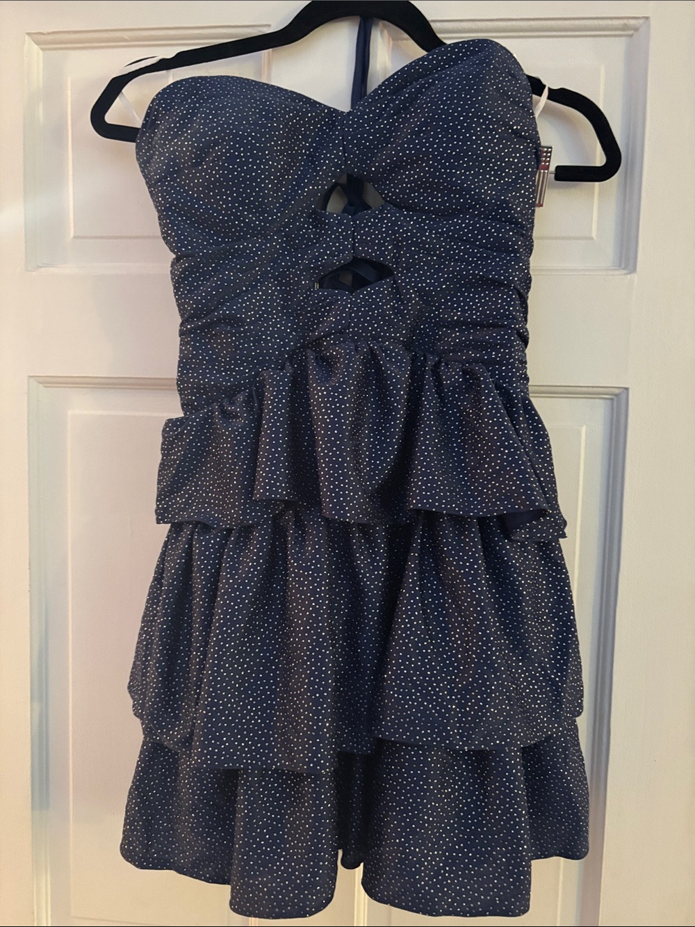White BM Shimmering Navy Glitter Dots Strapless Ruffle Dress
Size 4